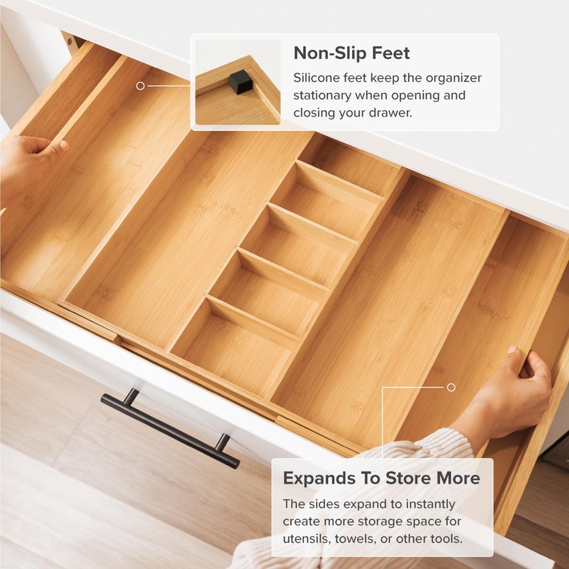 KitchenEdge Adjustable Kitchen Drawer Organizer for Utensils and Junk, Food-Safe Contract Grade with 100% Sustainable Wood, Expandable from 19 to 33 Inches Wide - Natural Bamboo - Image 5